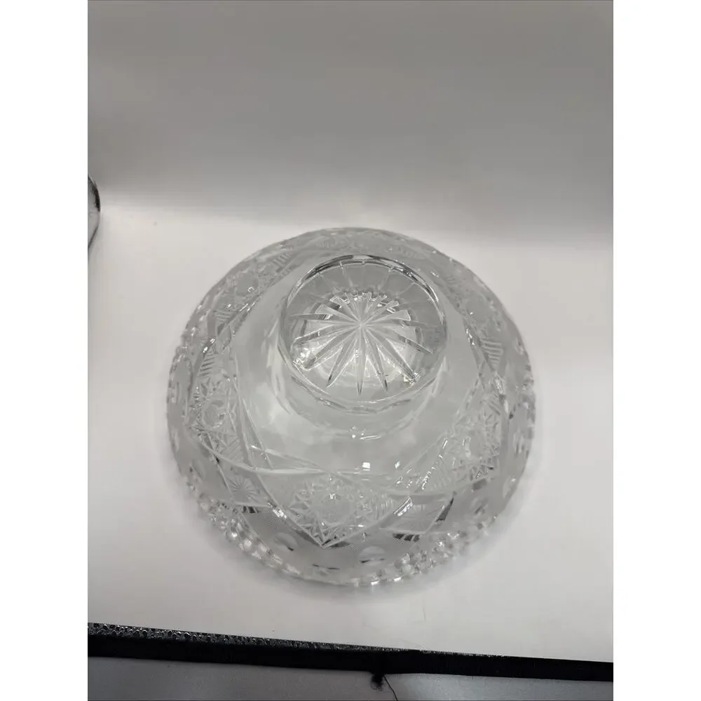 Vintage Heavy Cut Crystal Bowl 9” Starburst Geometric Pattern Centerpiece *